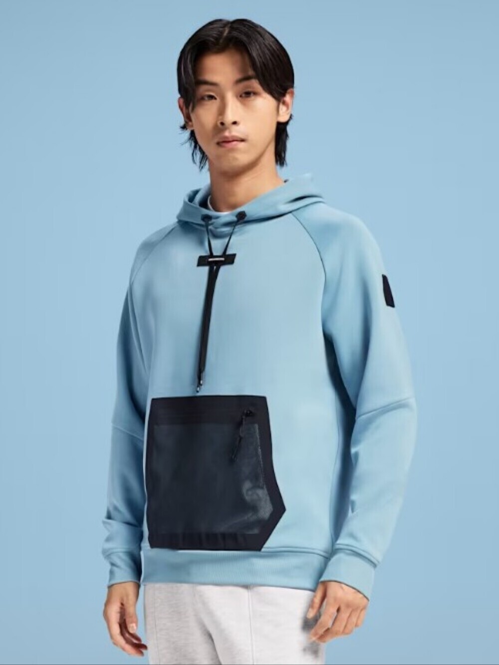 On Running Focus Tech Light Blue Men's Performance Hoodie with Black Pocket